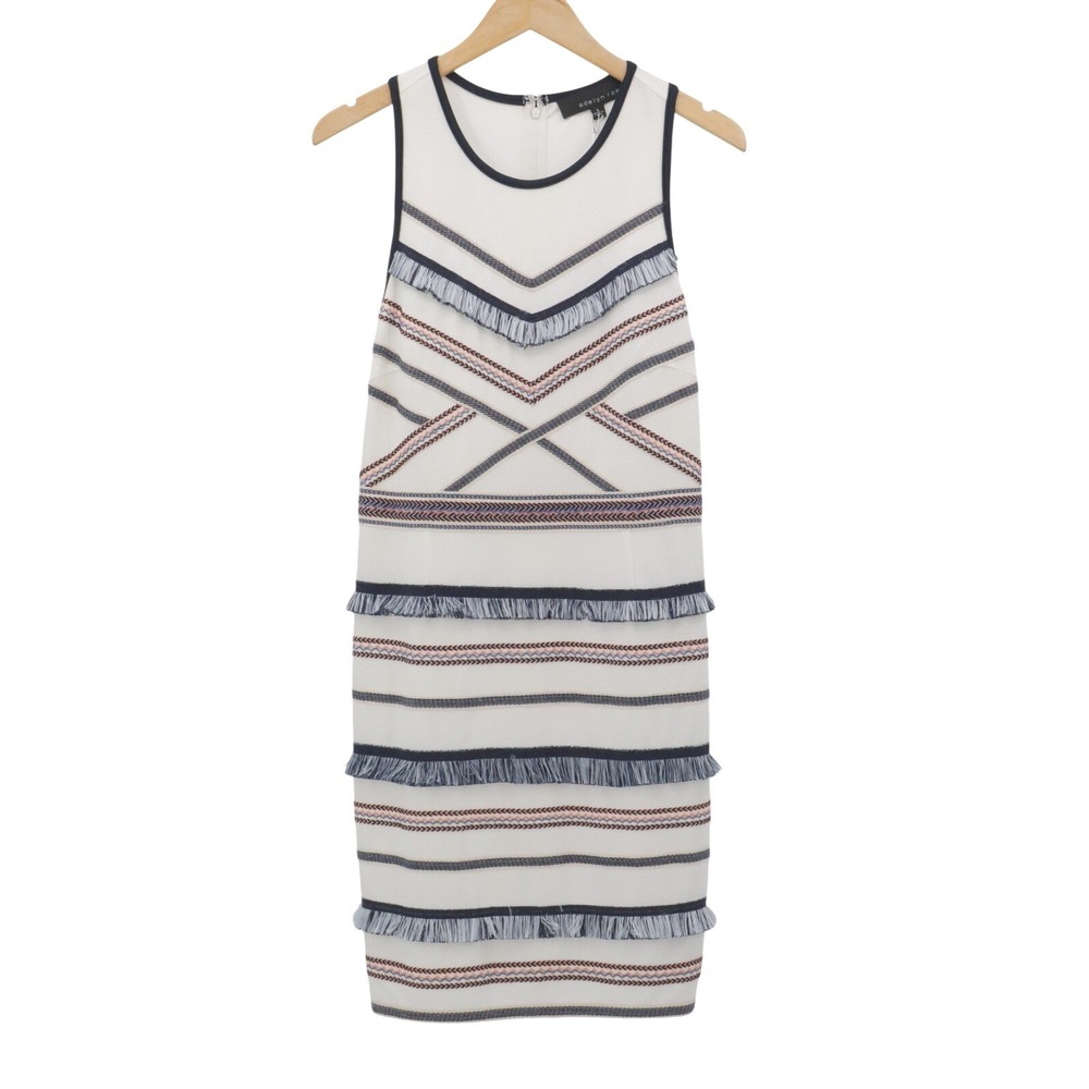 Adelyn Rae Fringe Sheath Mini Dress Sleeveless Ivory Striped L NWT - Picture 2 of 10